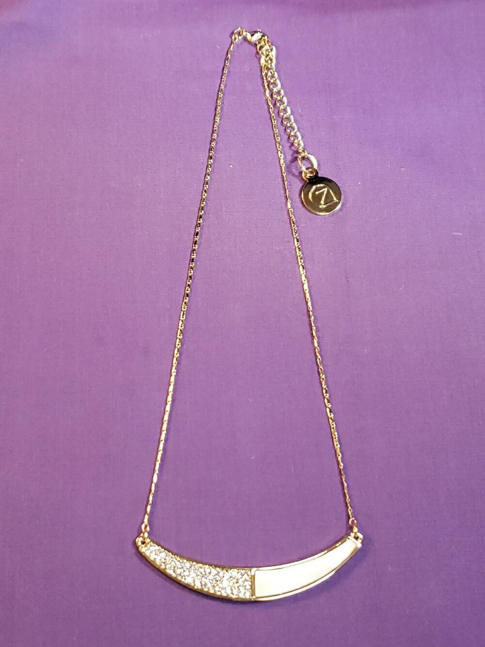 Crescent Bar Pendant Choker Chain Necklace Rhinestones & MOP Shell In Gold Tone
